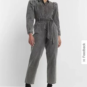 Express Puff Sleeve Tie Waist Gray Wash Denim Jumpsuit